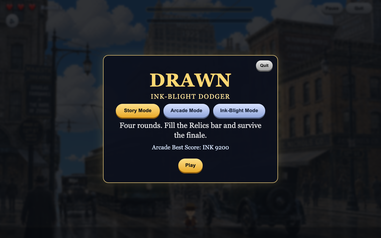 Refined Ink-Blight Dodger menu with three game modes and separate Play and Quit controls